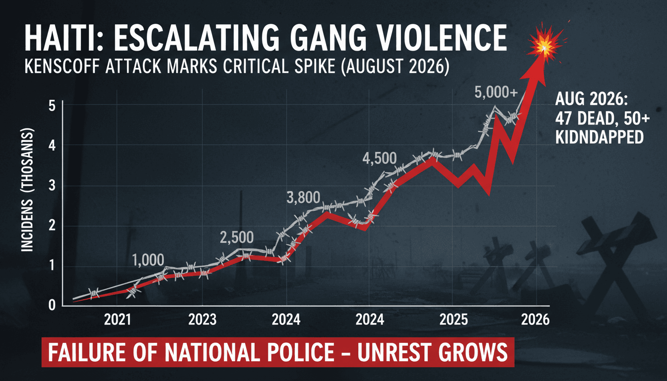 A graphic depicting the rise of gang violence in Haiti, focusing on the recent Kenscoff attack.