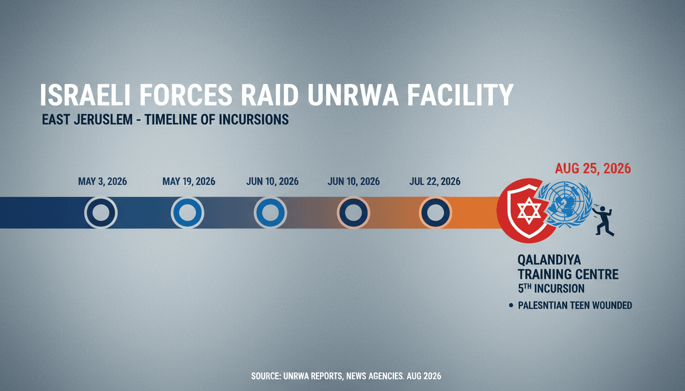 Israeli forces conducting a raid on the UNRWA training centre in East Jerusalem, highlighting ongoing geopolitical tensions.