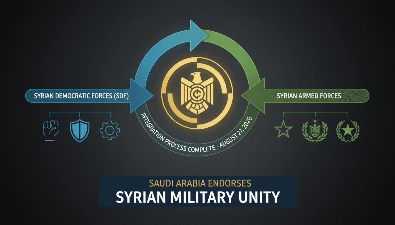 Infographic showing the integration of SDF forces into the Syrian military, highlighting regional stability and security impacts.