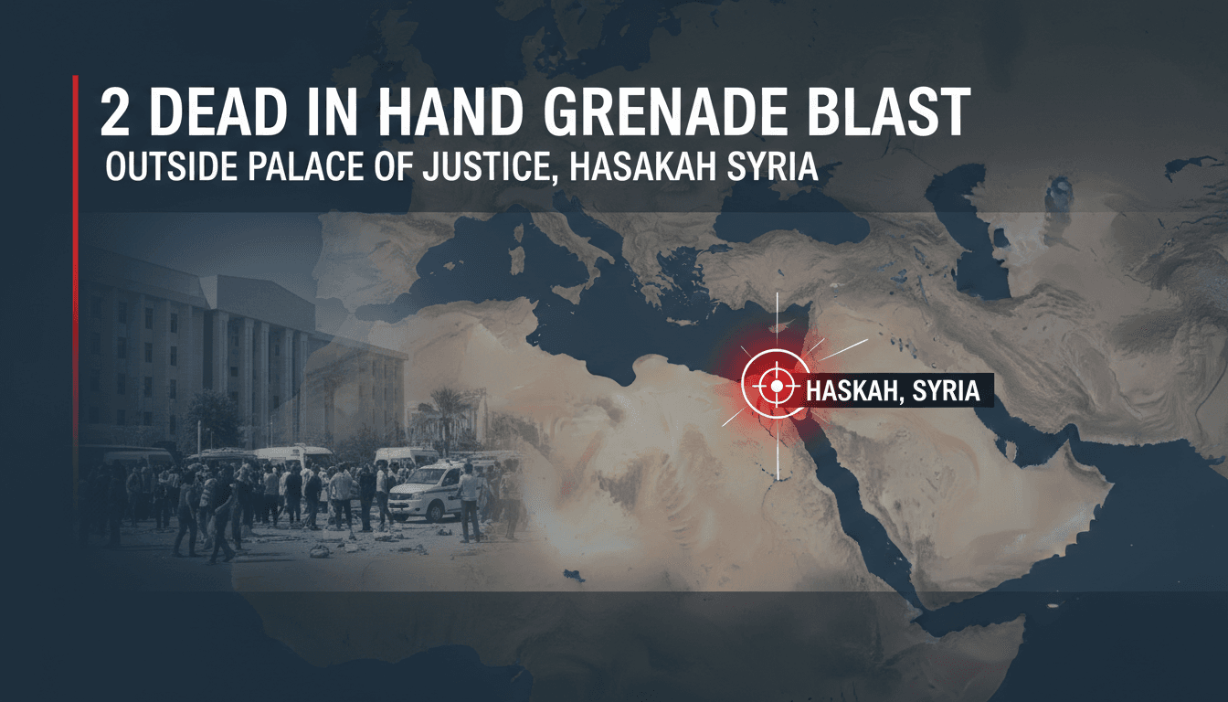 Map of Hasakah, Syria, with a headline about the hand grenade explosion and fatalities.