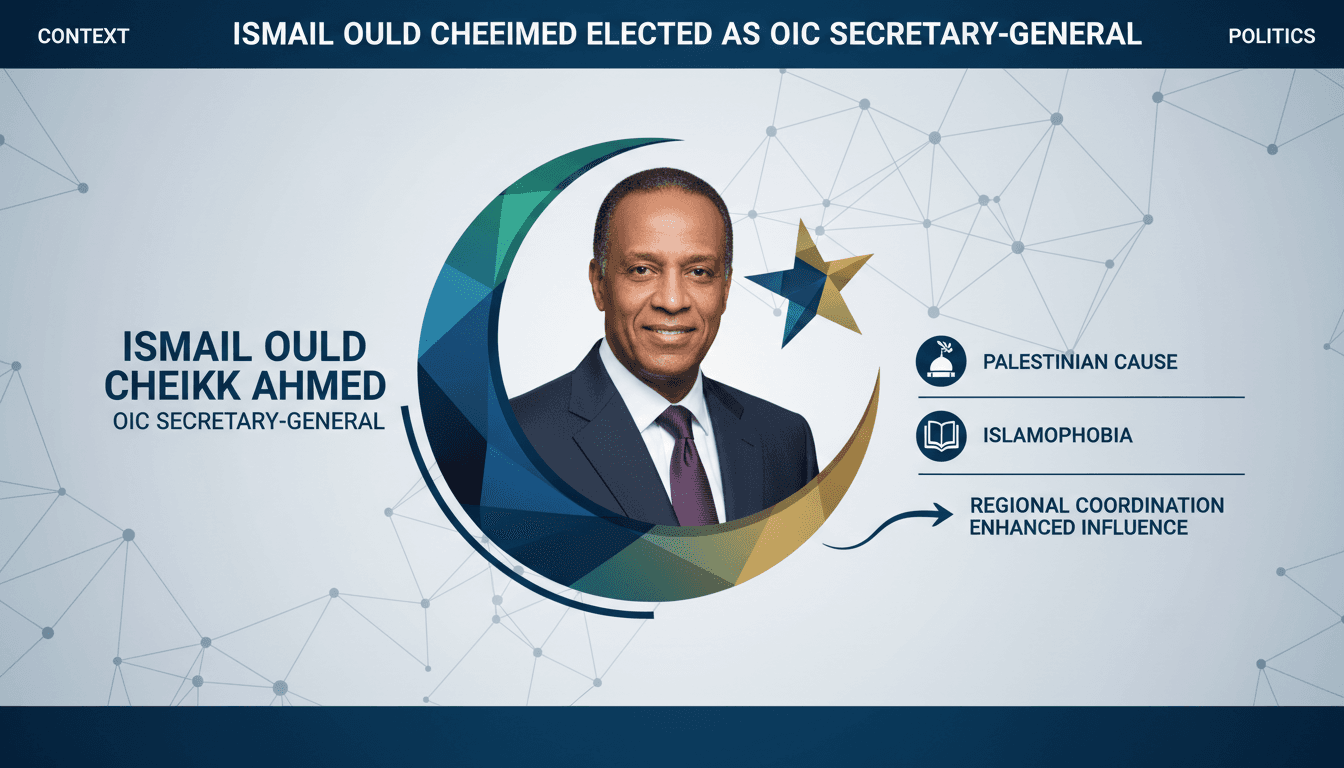 Ismail Ould Cheikh Ahmed elected as OIC Secretary-General, highlighting his priorities and the OIC logo.