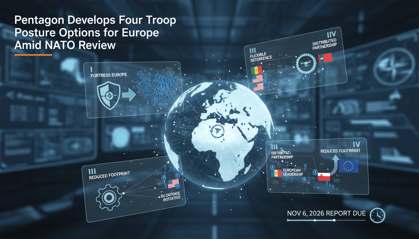 Infographic showing U.S. troop posture review options and implications for NATO and European defense.