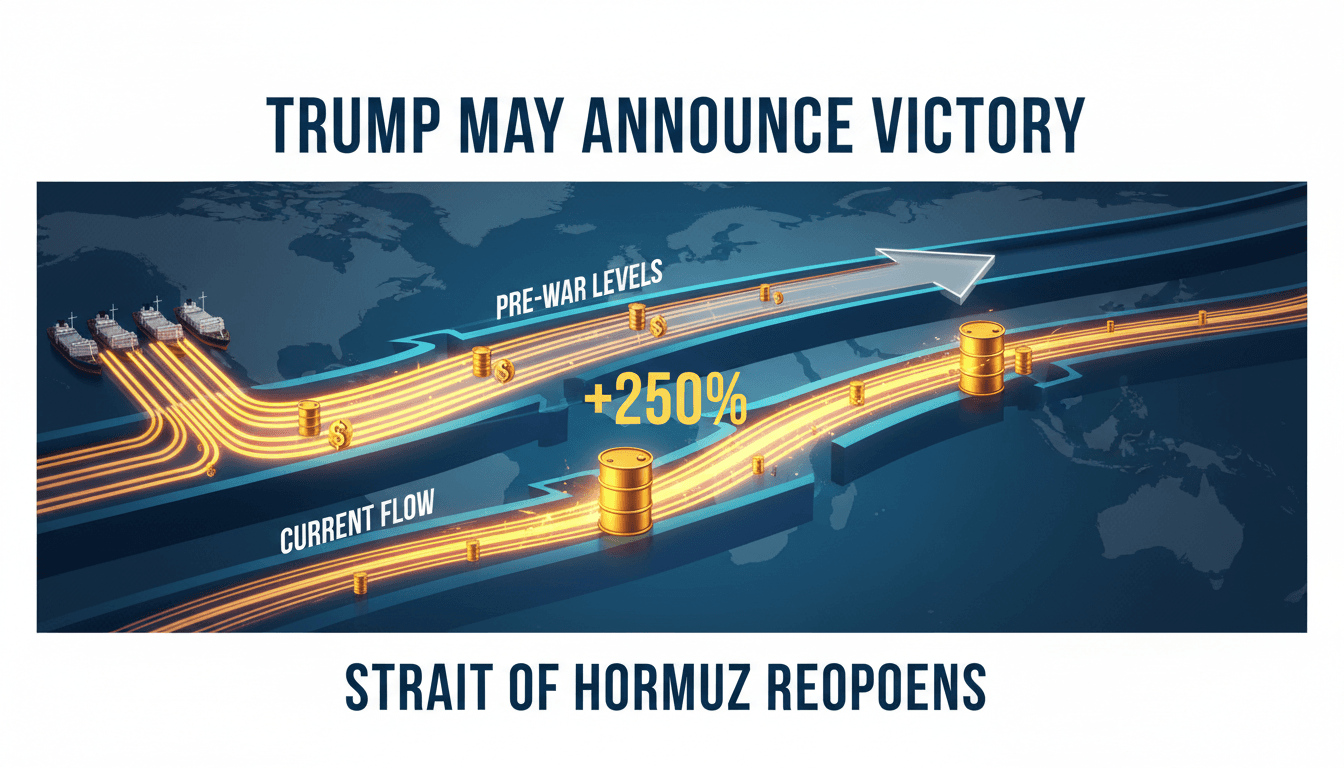 Infographic showing oil flow through the Strait of Hormuz, comparing current levels to pre-war statistics.