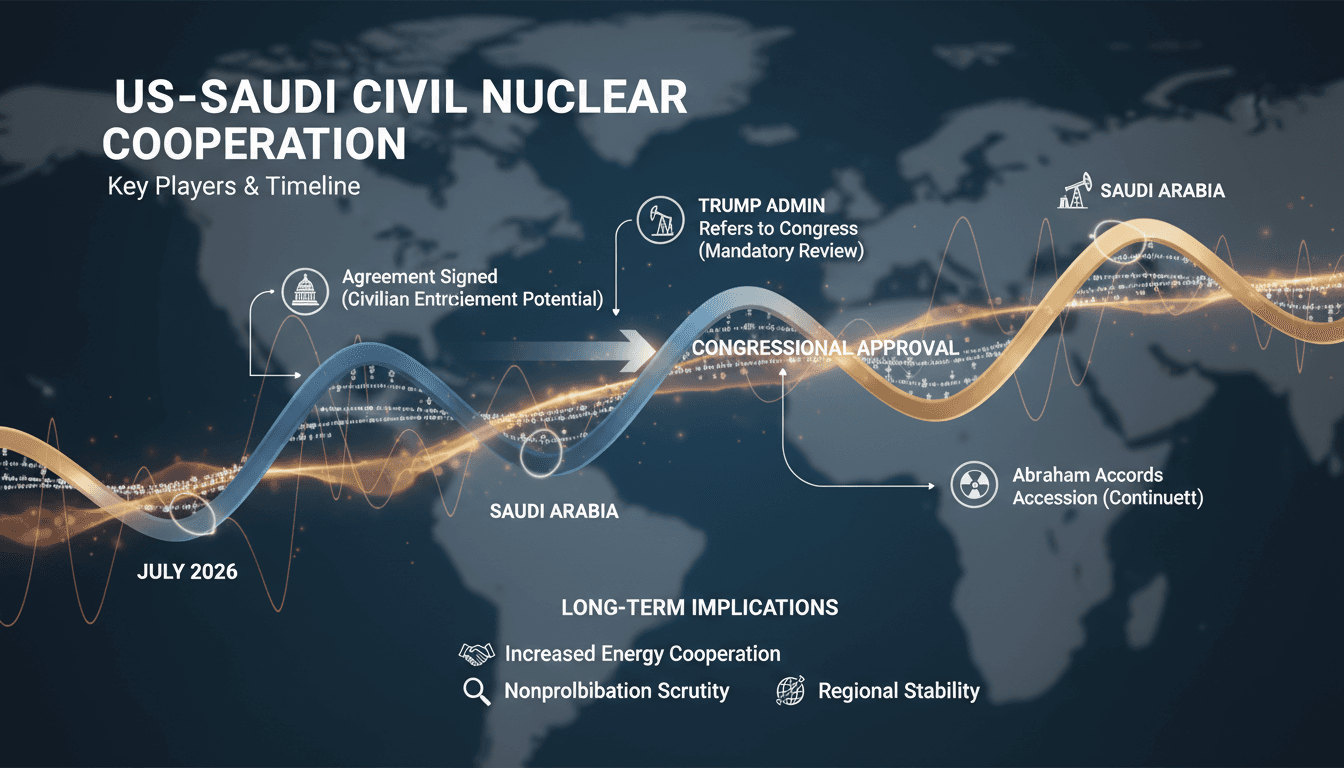 Infographic showing the timeline and key players in the US-Saudi civil nuclear cooperation agreement.