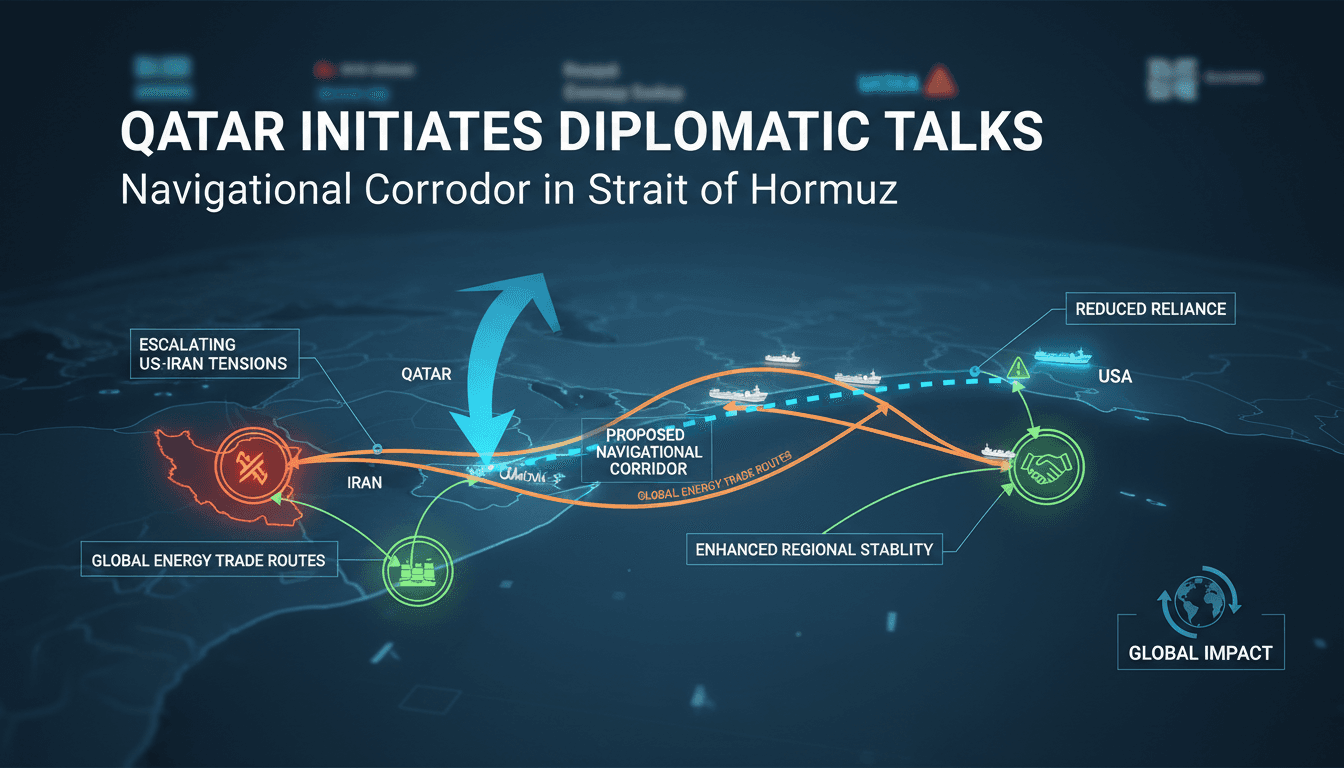 Infographic showing Qatar's diplomatic initiative in the Strait of Hormuz and its potential impact on energy stability.