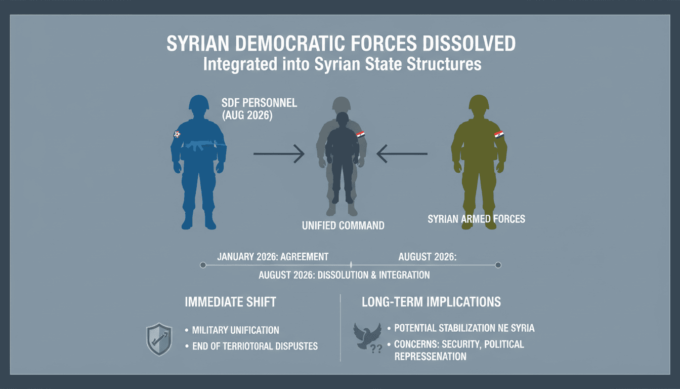 A map illustrating the integration of SDF forces into the Syrian Army and its impact on regional stability.