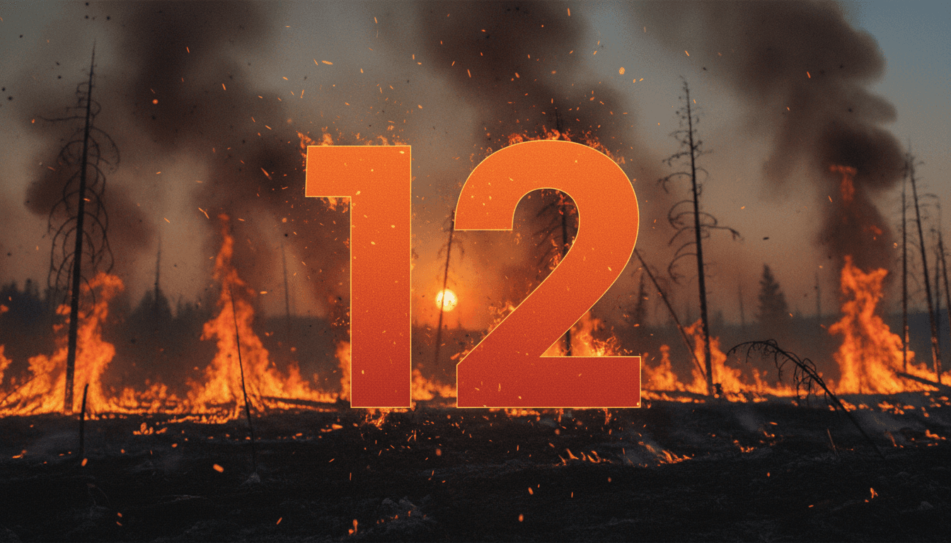 A graphic depicting the number 12 against a backdrop of forest fires in Algeria, representing the tragic loss of life.