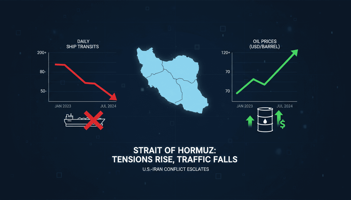 Infographic showing the decline in ship transits through the Strait of Hormuz and rising oil prices due to ongoing tensions.
