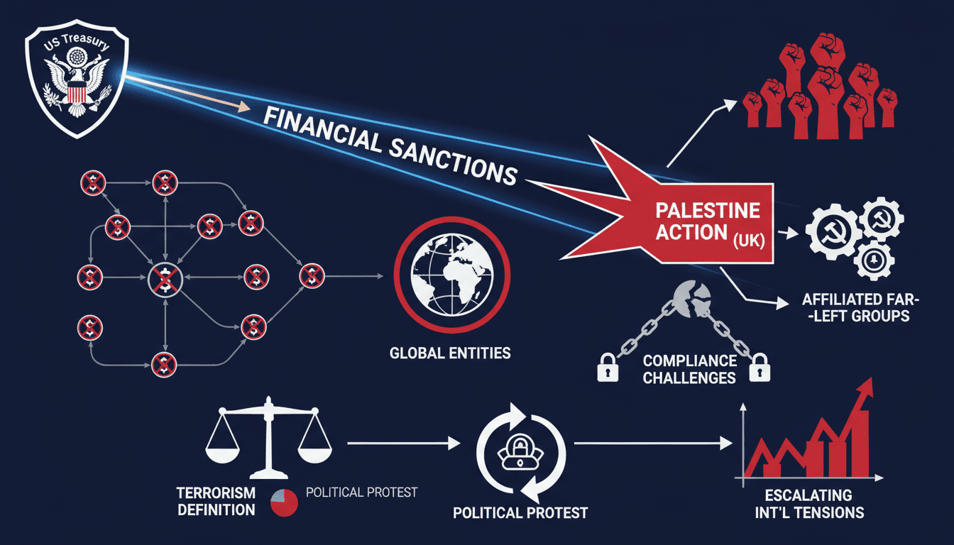 Infographic showing US sanctions on far-left groups and their global financial implications.