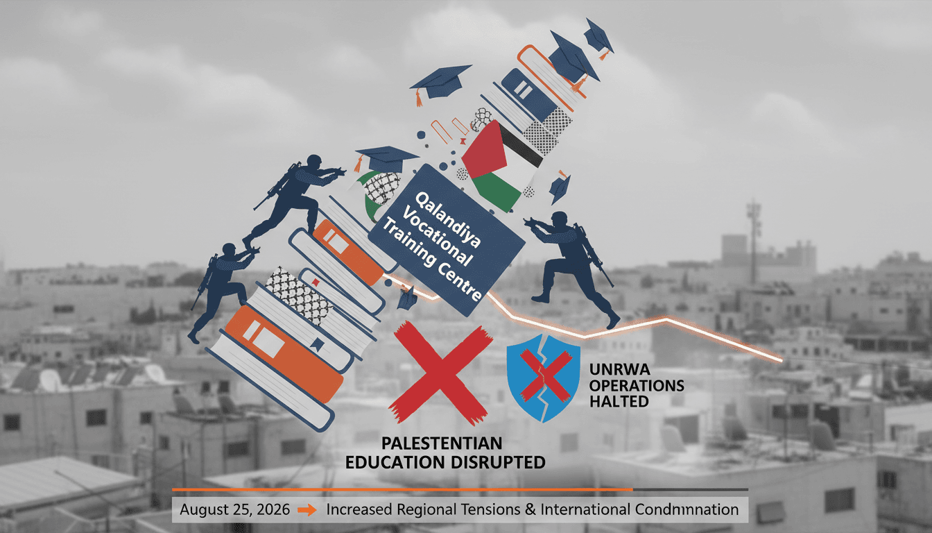 A visual representation of the Qalandiya Training Centre's seizure and its implications for Palestinian education and UNRWA operations.