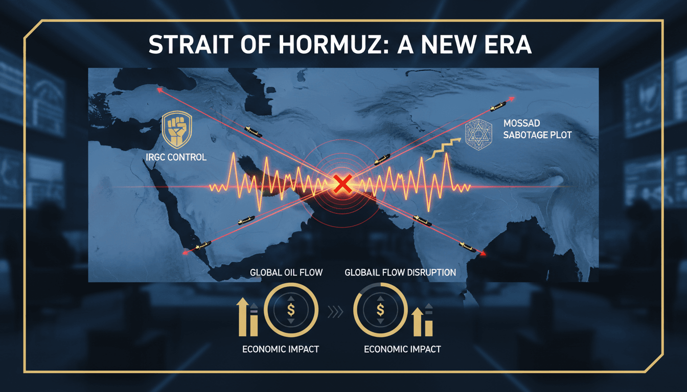 Map of the Strait of Hormuz highlighting shipping routes and IRGC claims of control.