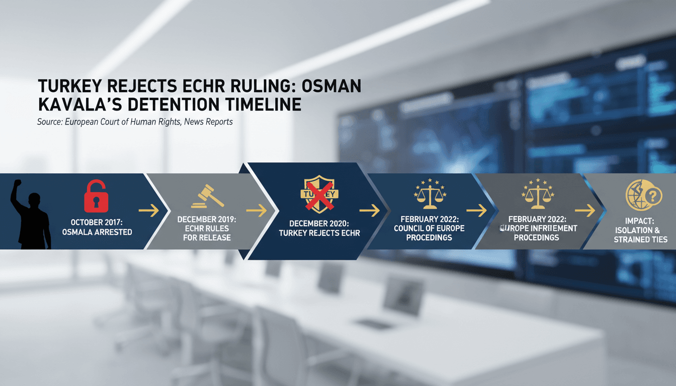 A timeline graphic illustrating Osman Kavala's detention and ECHR rulings.