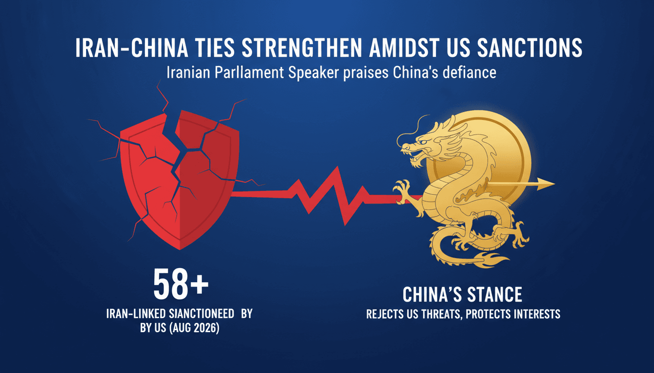 Infographic illustrating Iran-China relations and US sanctions impact on trade.