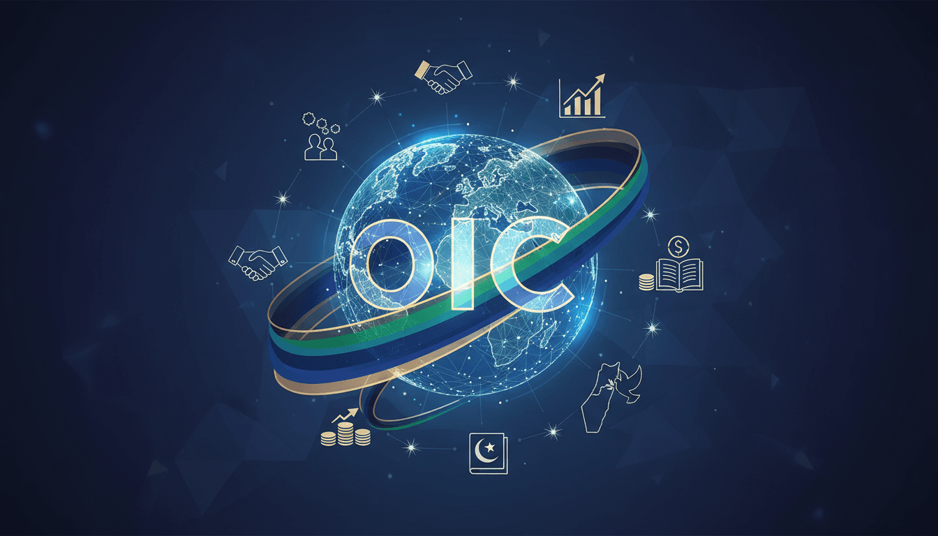 A graphic depicting the OIC's influence on global Muslim cooperation and economic partnerships.