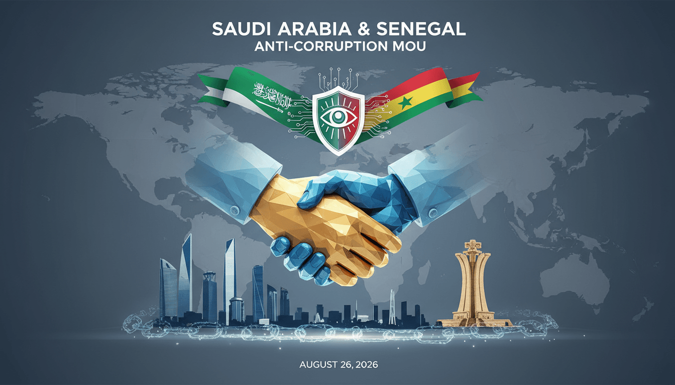 Saudi Arabia and Senegal leaders signing an anti-corruption memorandum of understanding, emphasizing global cooperation.