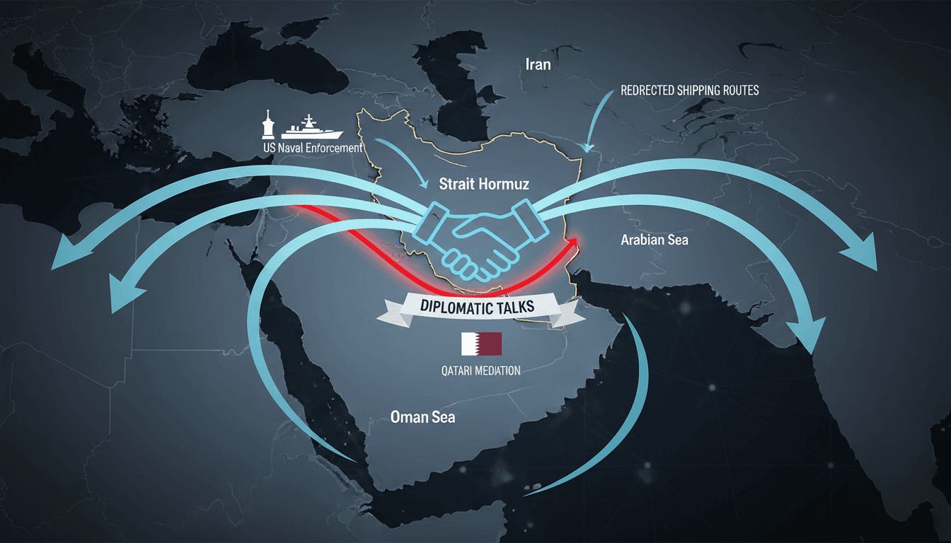 Map of the Strait of Hormuz showing redirected shipping routes and Qatar's mediation efforts.