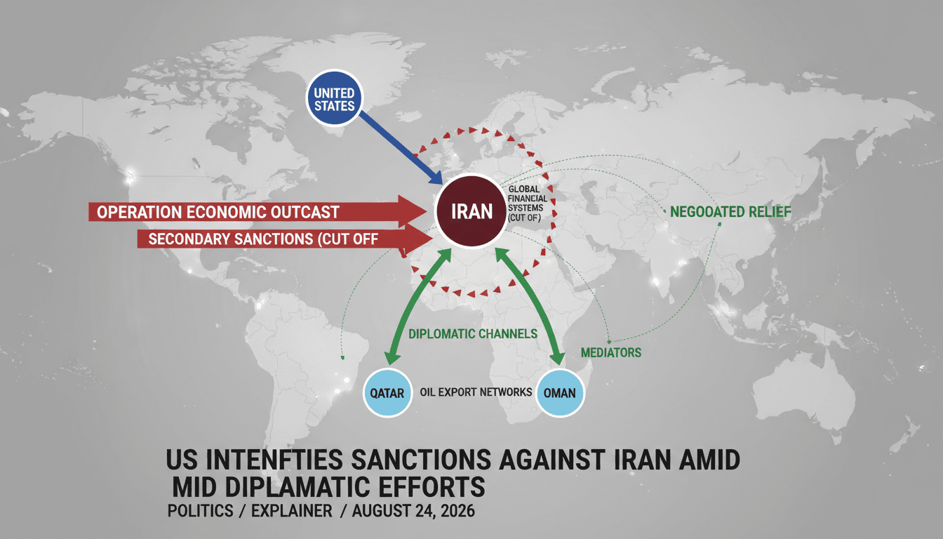 Infographic showing the impact of US sanctions on Iran and the diplomatic efforts by Qatar and Oman.
