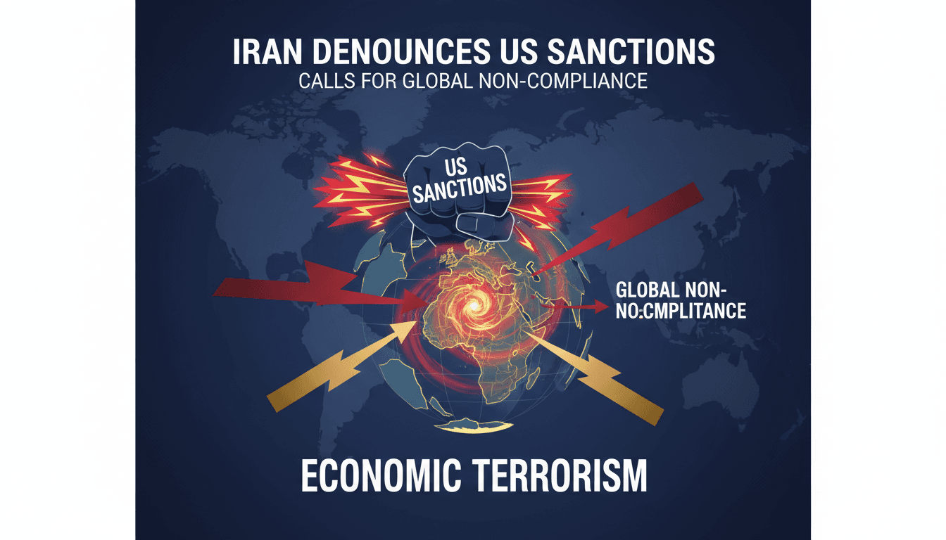A graphic showing Iran's condemnation of U.S. sanctions and its call for global non-compliance.