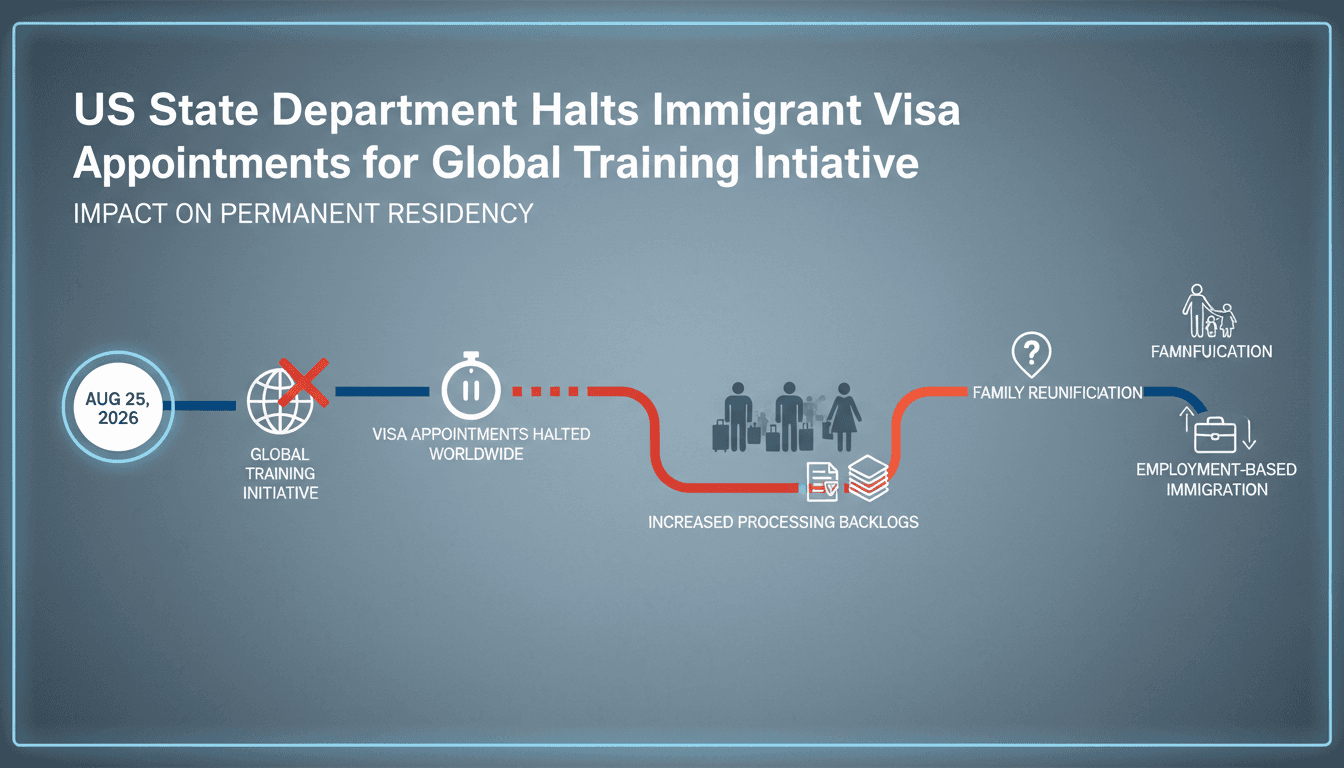 A visual representation of the US State Department's pause on immigrant visa appointments and its impact on applicants.