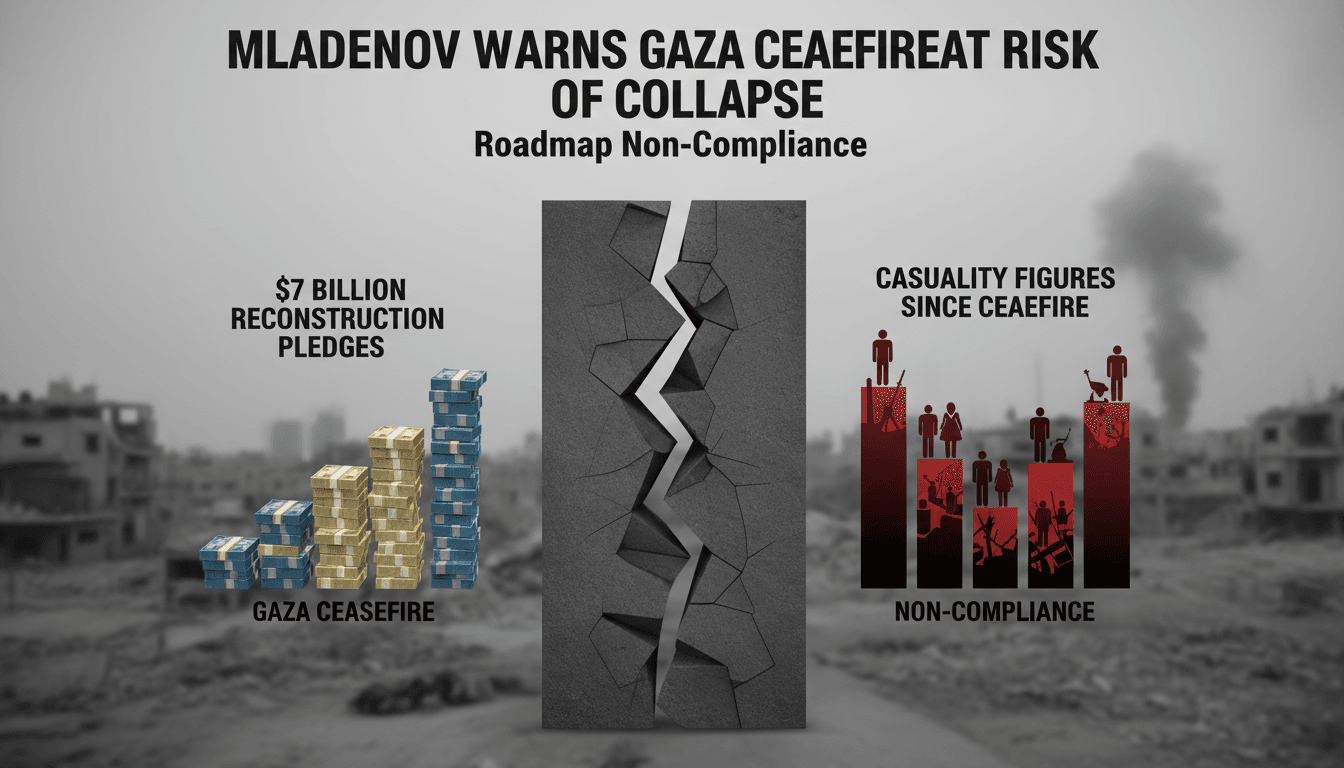 Infographic detailing Gaza ceasefire collapse warning, reconstruction pledges, and casualty figures.