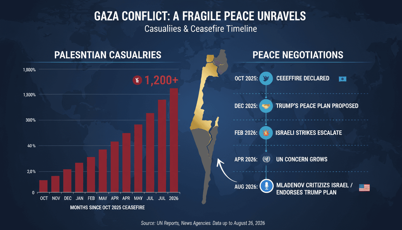 Infographic showing Gaza conflict casualties and peace negotiation milestones.