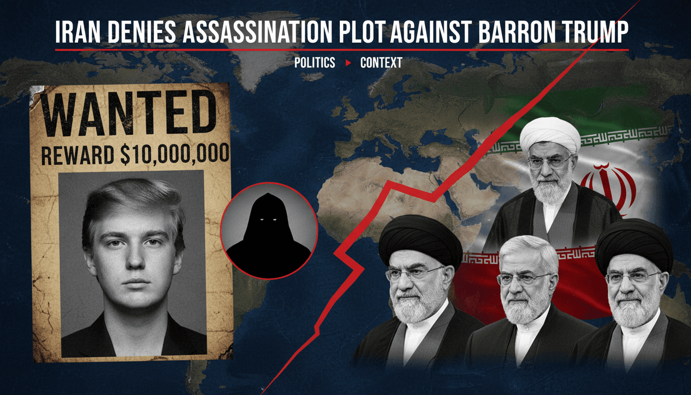 Graphic showing the $10 million bounty claim related to Barron Trump amid Iran's denial of an assassination plot.