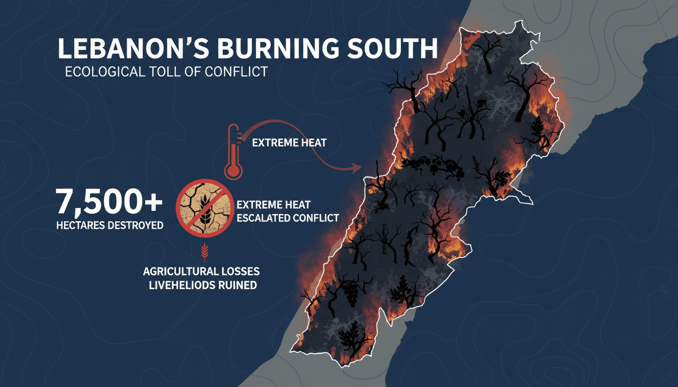Aerial view of burned farmland in southern Lebanon, highlighting the environmental impact of military actions.