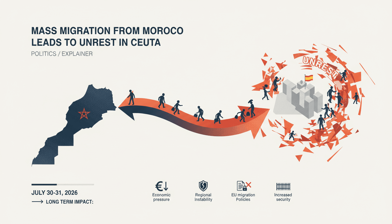 An infographic showing the mass migrant influx from Morocco into Ceuta and the resulting social unrest.