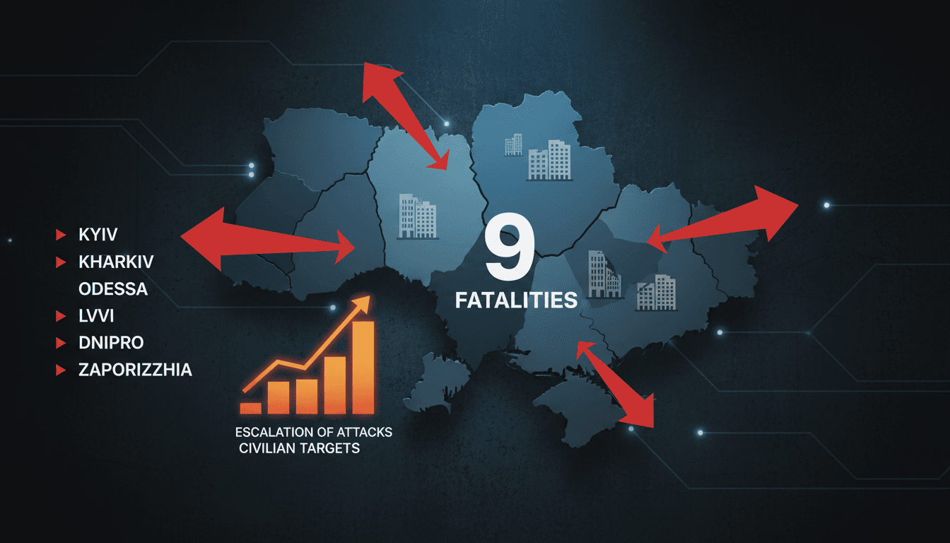 Infographic detailing Russian strikes on Ukrainian civilians, highlighting casualties and affected regions.