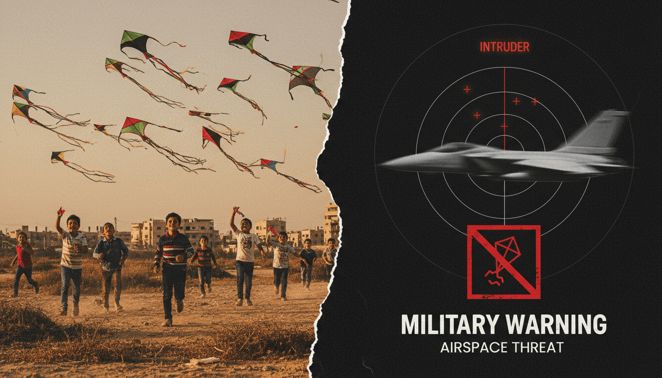 Children in Gaza with kites, highlighting restrictions due to Israeli threats amid ongoing conflict.