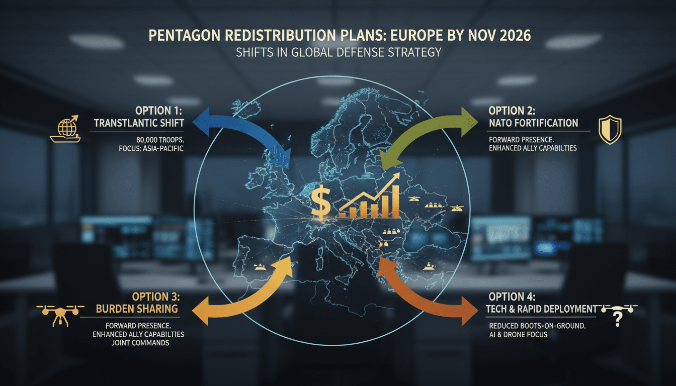 Infographic showing Pentagon troop redistribution options and implications for NATO and European security.