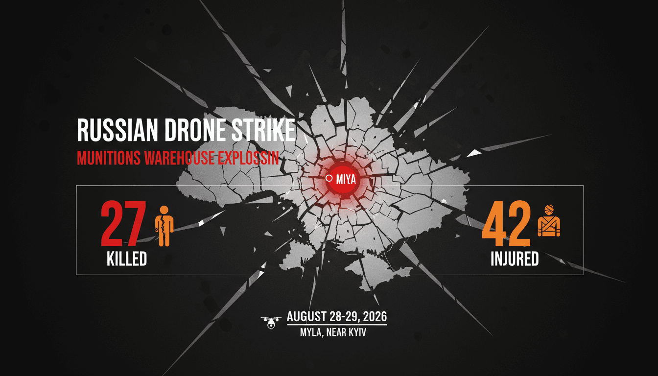 Infographic detailing the Russian drone strike near Kyiv, showing casualties and damage to civilian infrastructure.