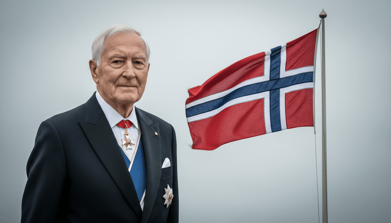 Portrait of King Harald V with a half-mast flag, marking his passing and the transition to King Haakon VIII.