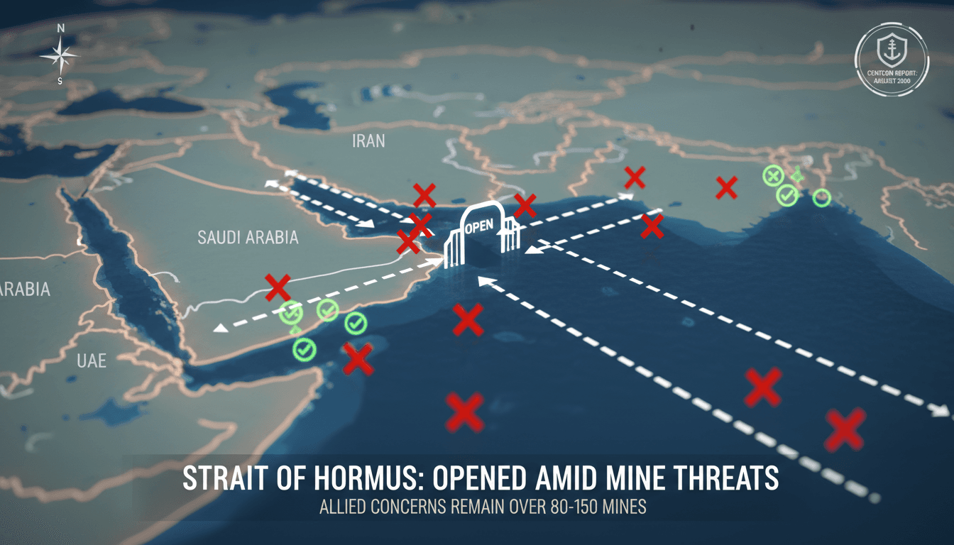 A map of the Strait of Hormuz showing mine locations and shipping routes, highlighting maritime navigation issues.
