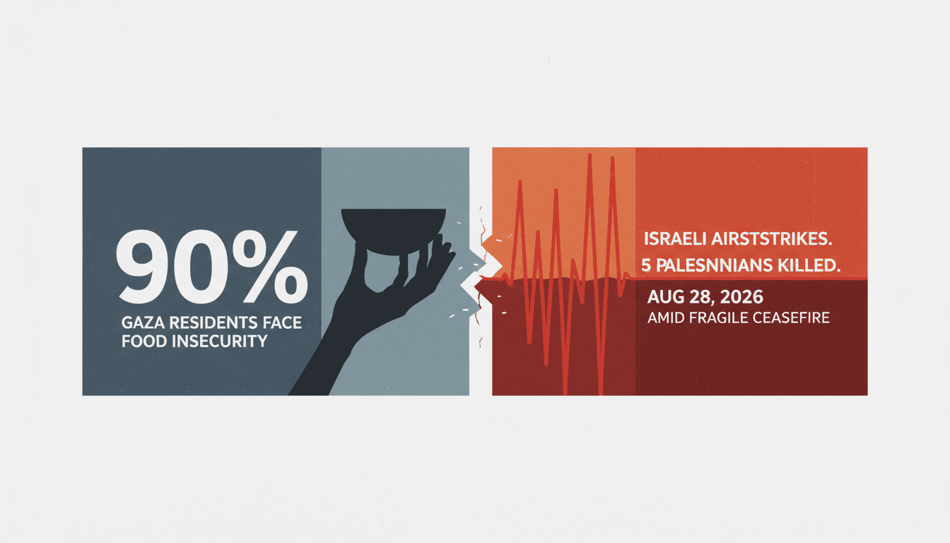 A graphic depicting the impact of Israeli airstrikes in Gaza, highlighting casualties and food insecurity statistics.