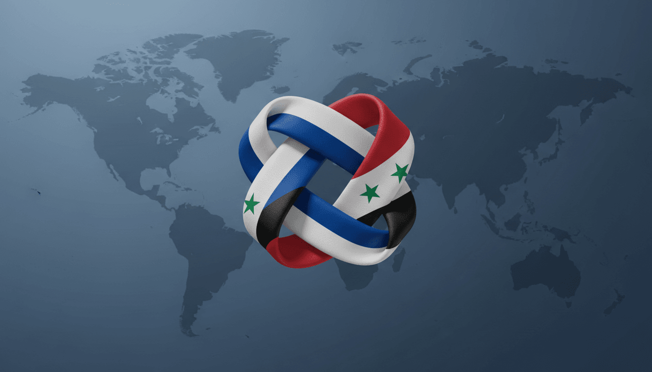 Flags of Russia and Syria intertwined, symbolizing strengthened bilateral relations.