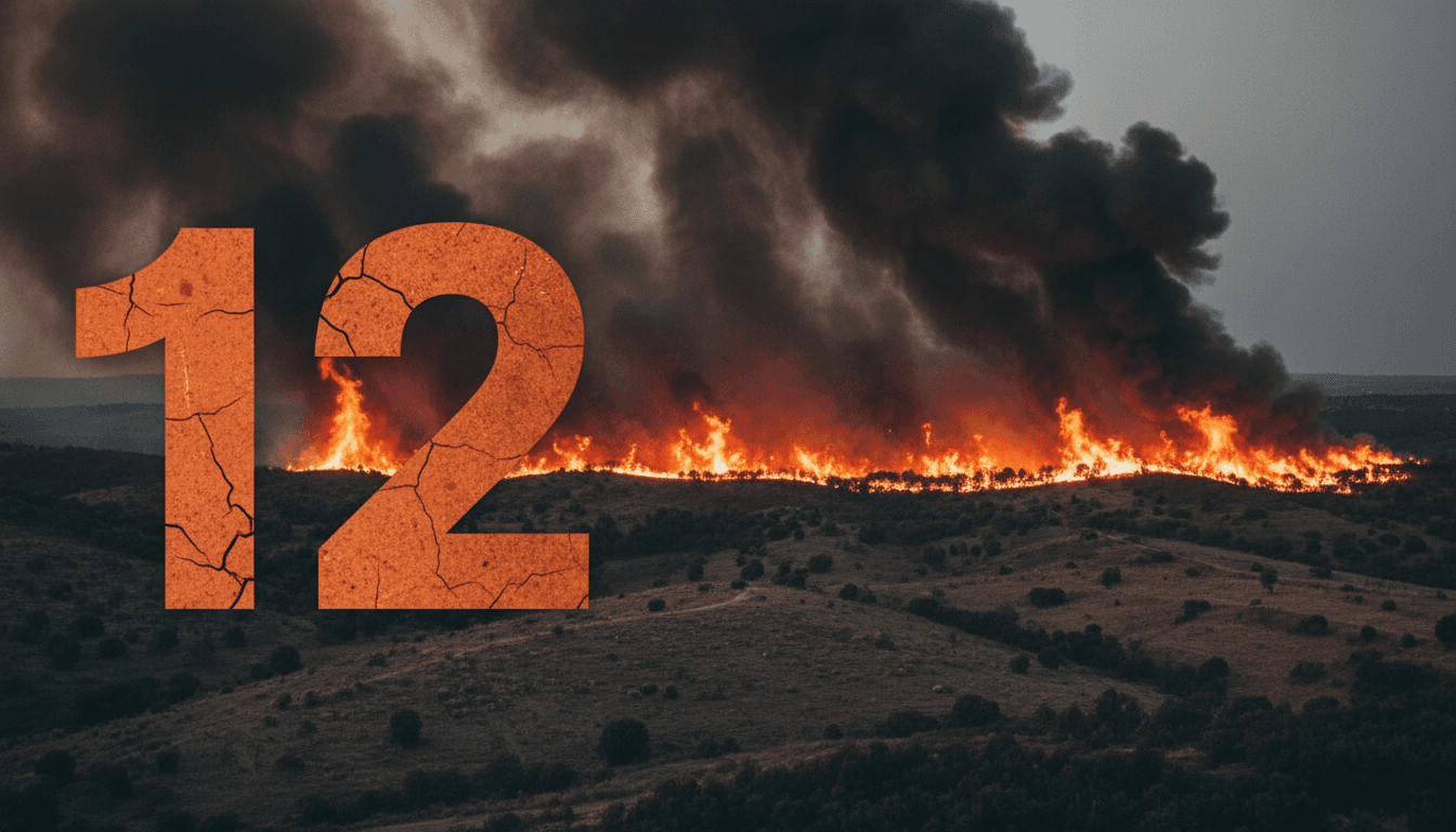 A graphic depicting the number 12 against a backdrop of forest fires in Algeria, representing the tragedy of the wildfires.