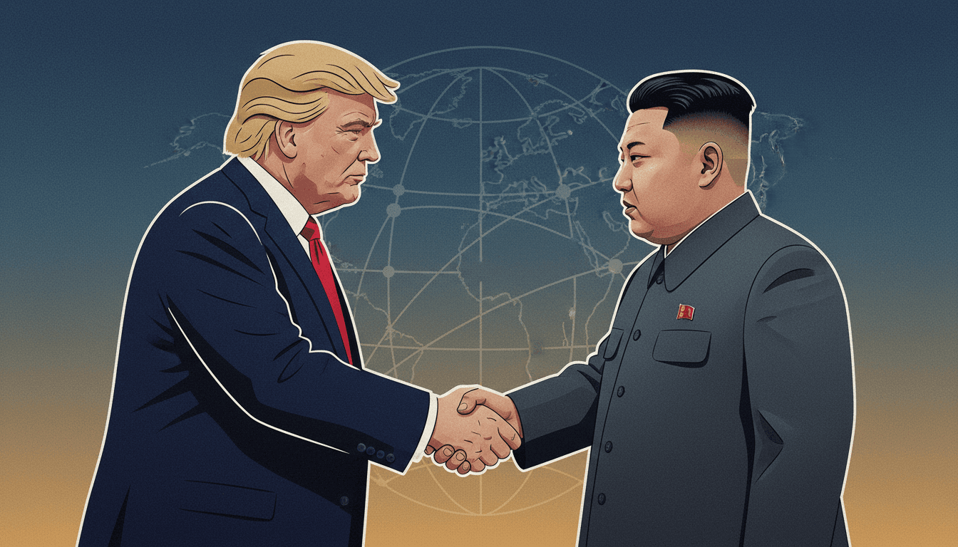 Graphic showing Trump and Kim shaking hands, representing potential diplomatic engagement.