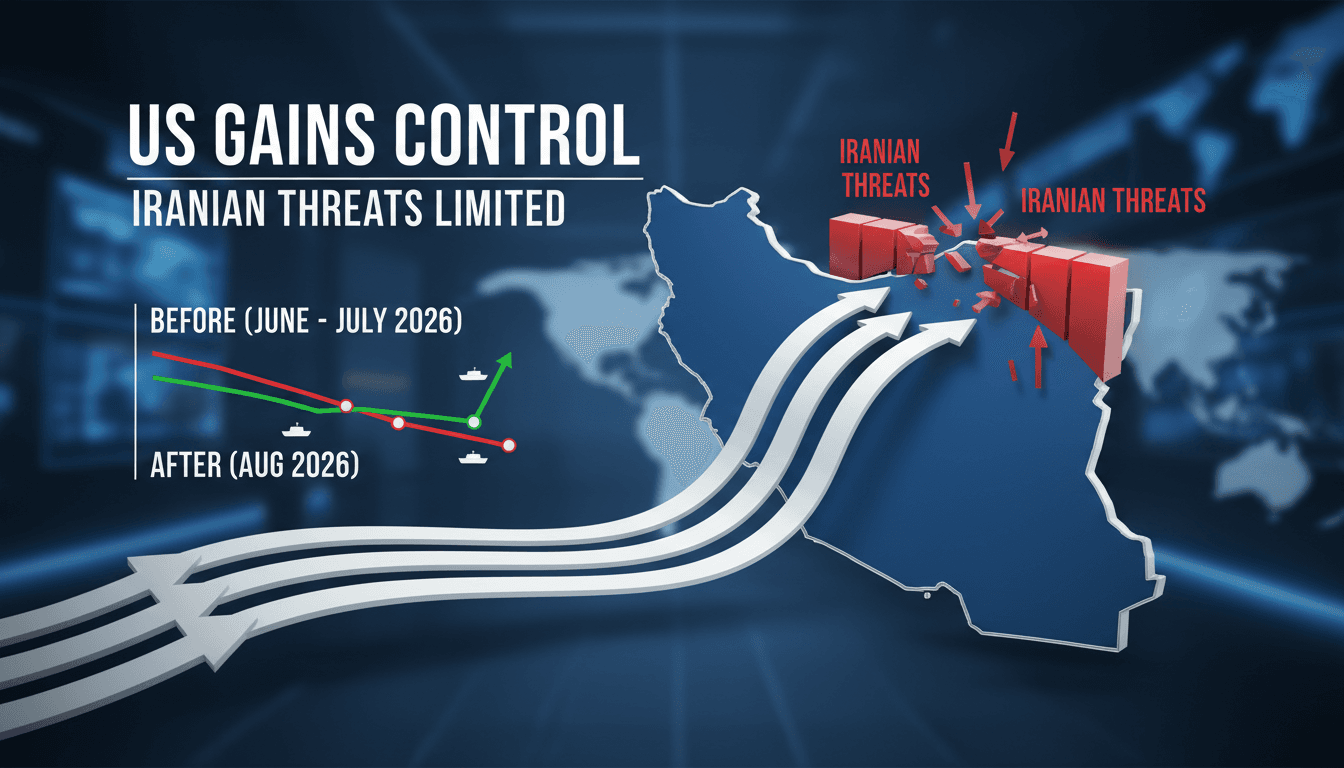 Infographic showing reduced Iranian threats and increased tanker traffic in the Strait of Hormuz.