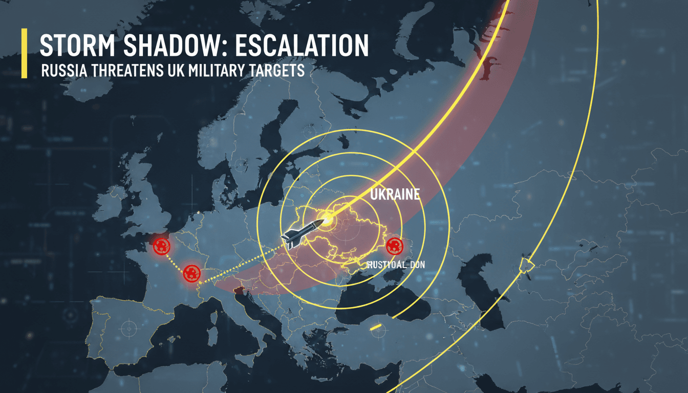 A map showing the operational range of Storm Shadow missiles and potential military targets in the UK.