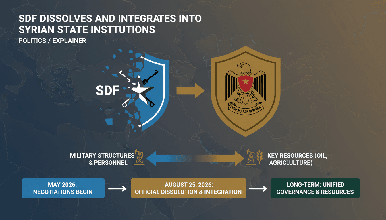 Infographic showing the integration of SDF into Syrian state institutions, highlighting key timelines and resource transfers.