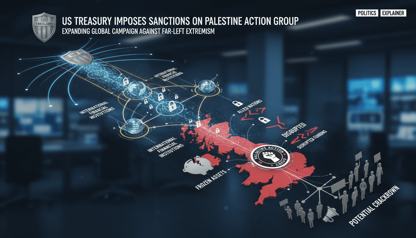Infographic showing the impact of US sanctions on Palestine Action and related entities.