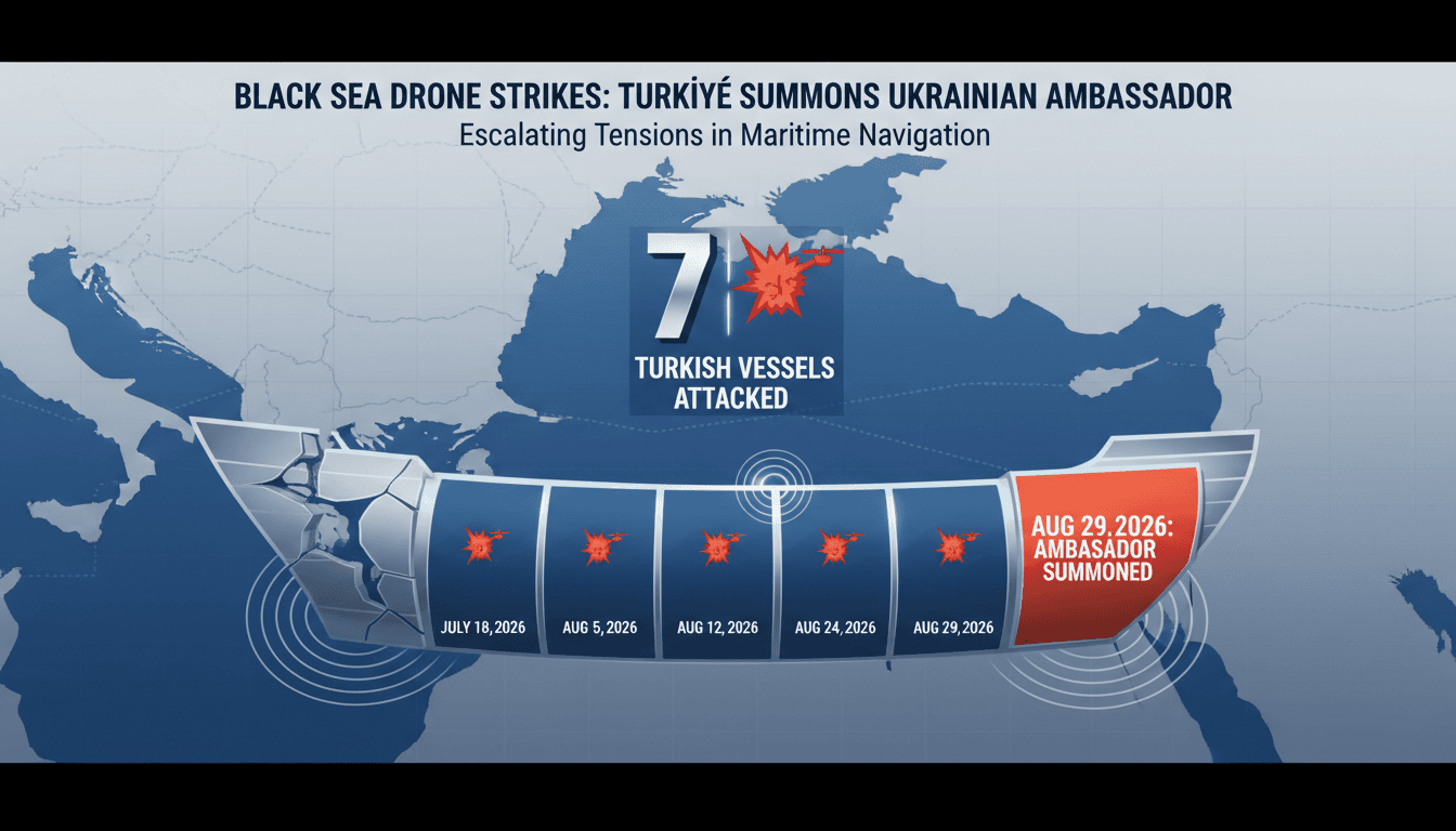 A map highlighting the Black Sea region with markers for Turkish-operated vessels and recent drone attack locations.