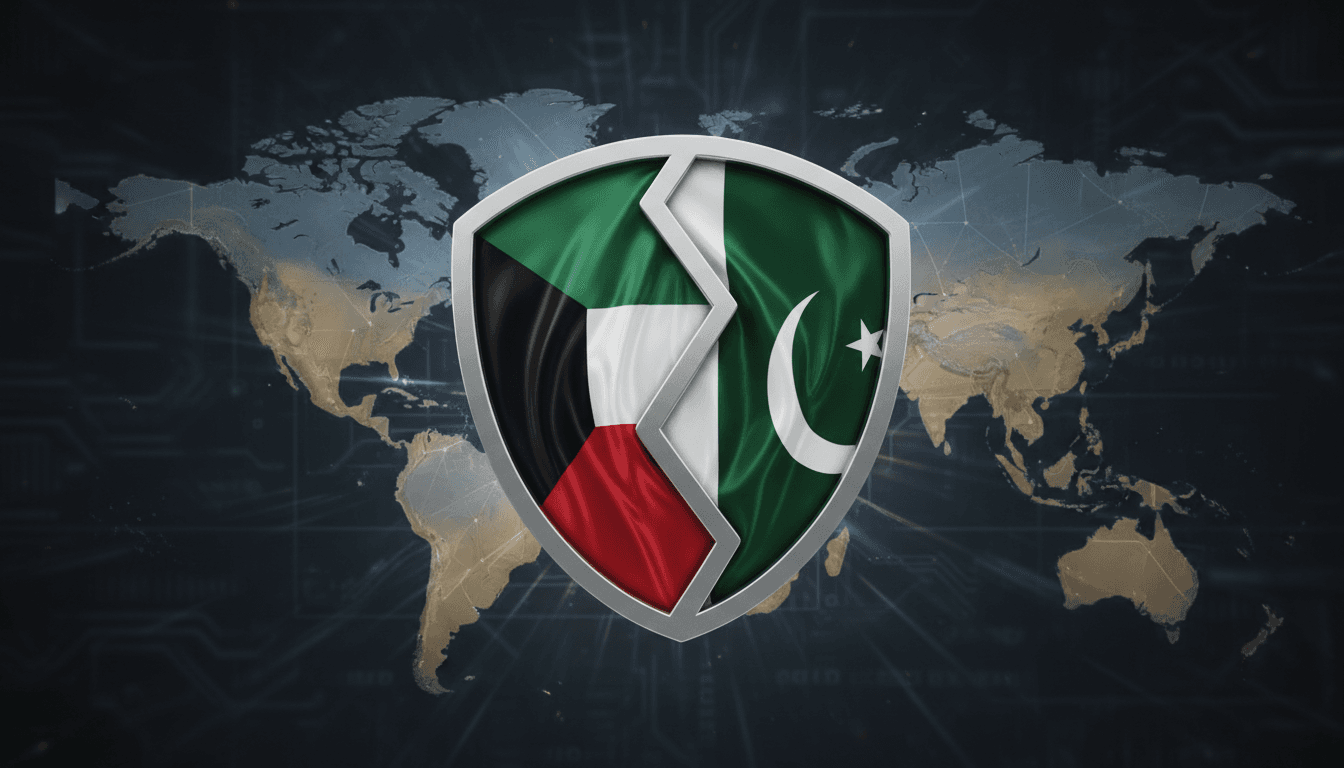 Flags of Kuwait and Pakistan intertwined, representing their military cooperation agreement.