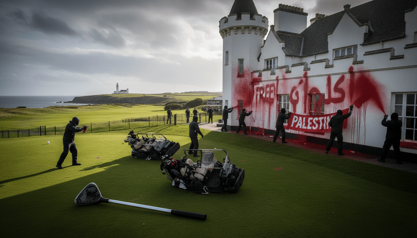 Protesters at a golf resort, illustrating the tension between activism and corporate interests.