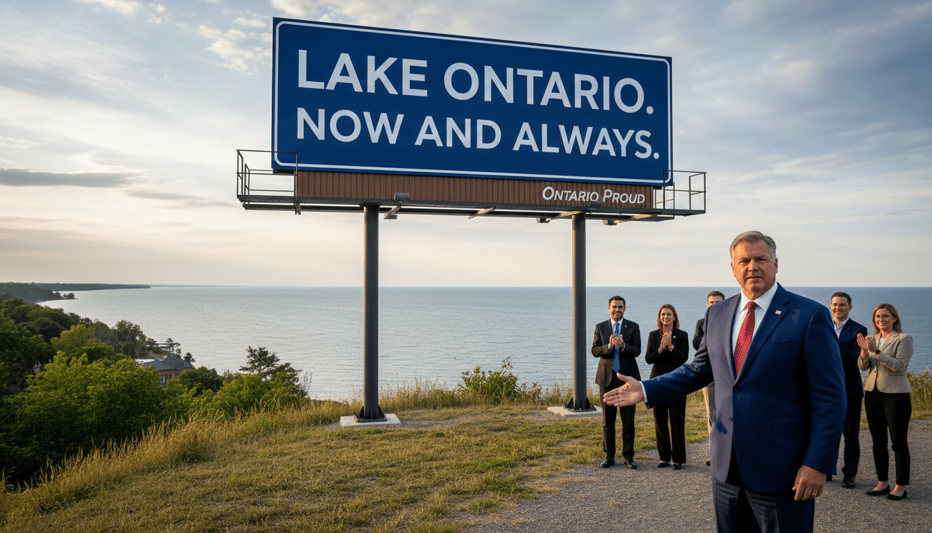 A bold sign reading "Lake Ontario. Now and Always" on the lakeshore, symbolizing national pride amidst trade tensions.
