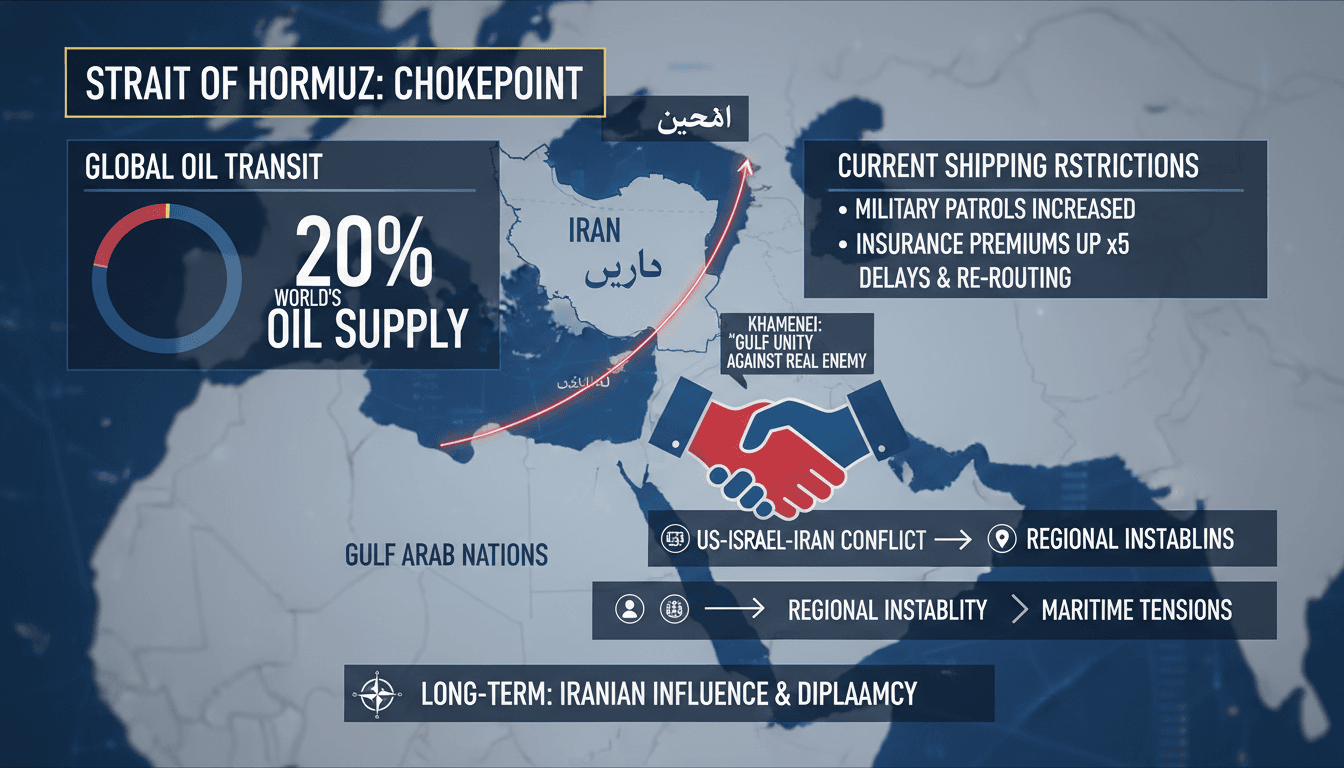 Map of the Strait of Hormuz highlighting shipping routes and current tensions affecting global oil supply.