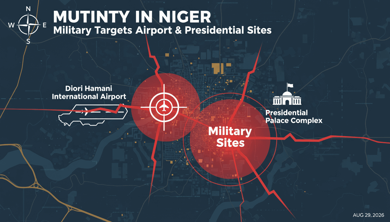 A map of Niamey showing the airport and presidential sites attacked by mutinous soldiers.