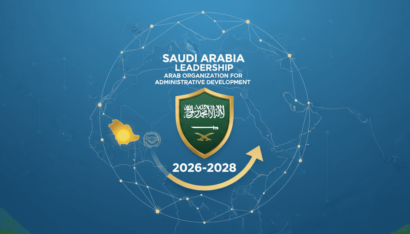 Infographic illustrating Saudi Arabia's renewed presidency in the Arab Organization for Administrative Development.