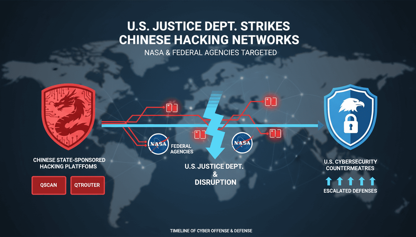 Infographic showing timeline of U.S. actions against Chinese hacking platforms targeting NASA and federal agencies.